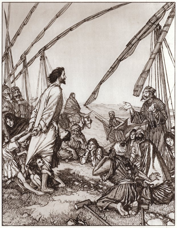 Jesus frågar: Vem är min nästa? (litho) av Edmund Joseph Sullivan