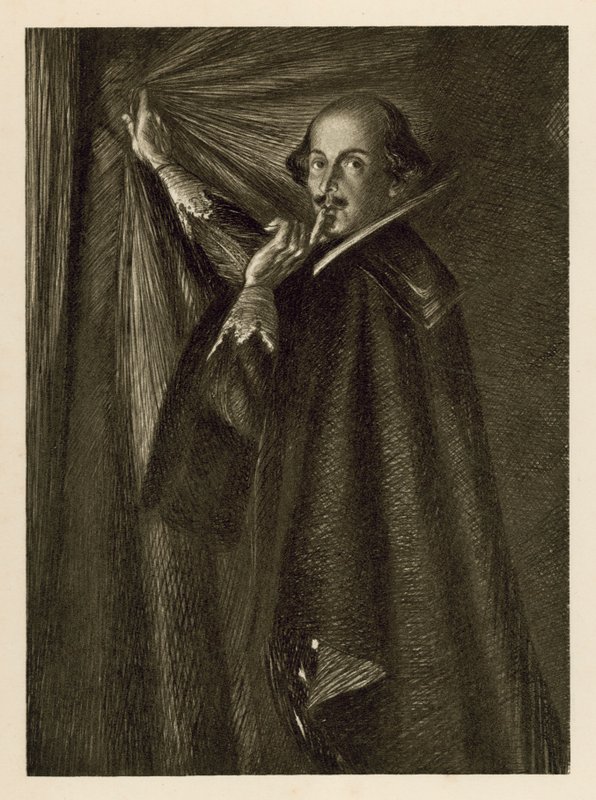 William Shakespeare håller i gardinen och säger åt oss att vara tysta (litho) av Edmund Joseph Sullivan