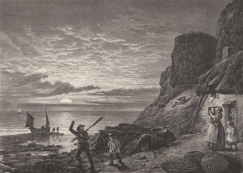Fiskare far och son tar farväl av sin familj (gravyr) av Edmund Morison (after) Wimperis
