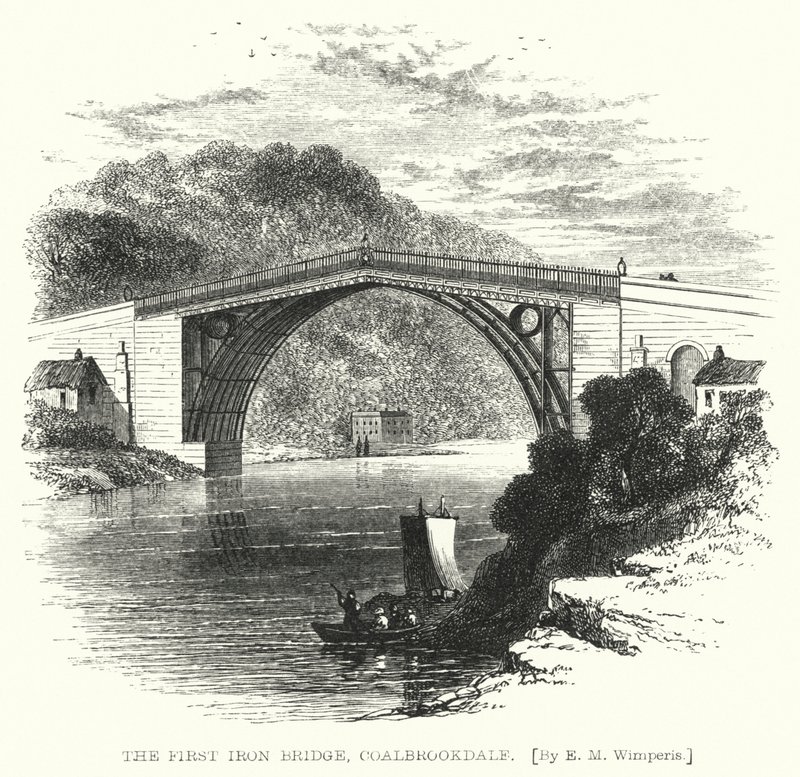 The First Iron Bridge, Coalbrookdale (gravyr) av Edmund Morison (after) Wimperis