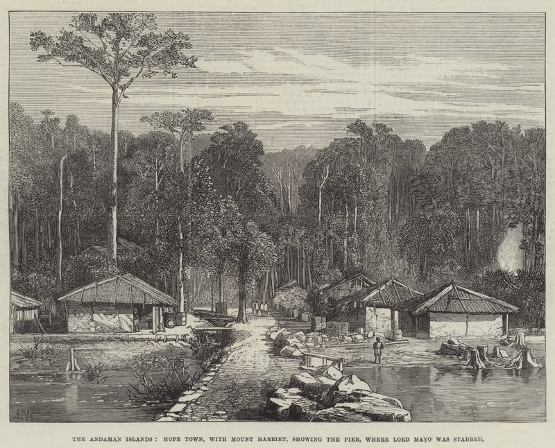Andamanöarna, Hope Town, med Mount Harriet, med Pier där Lord Mayo knivhöggs. av Edmund Morison Wimperis