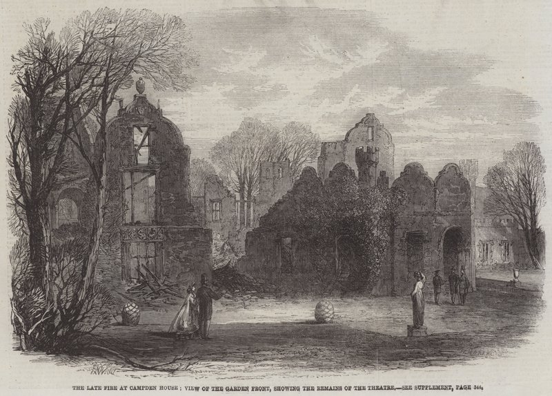 Den sena branden i Campden House, View of the Garden Front, som visar resterna av teatern av Edmund Morison Wimperis