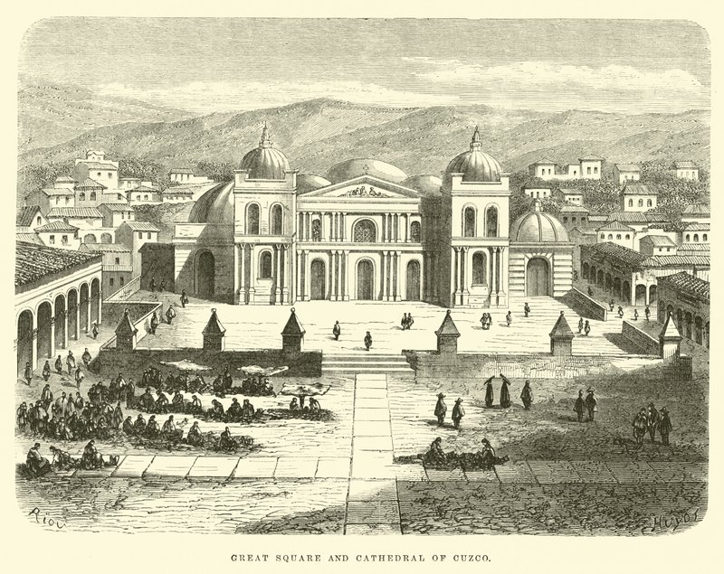 Stora torget och katedralen i Cuzco av Edouard Riou