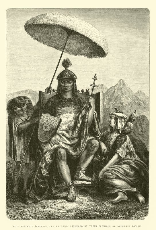 Inca och Coya (kejsare och kejsarinna), deltog av deras Ccumillu, eller deformerade dvärg av Edouard Riou