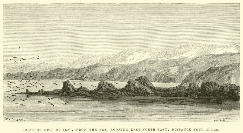 Punkt eller spott av Ilay, från havet, blickande öst-nord-öst; avstånd fyra mil av Edouard Riou