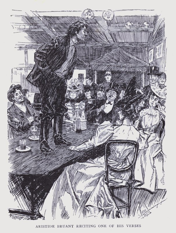 Bohemiska Paris: Aristide Bruant reciterar en av sina verser (lito) av Edouard Alfred (1875 1954) Cucuel