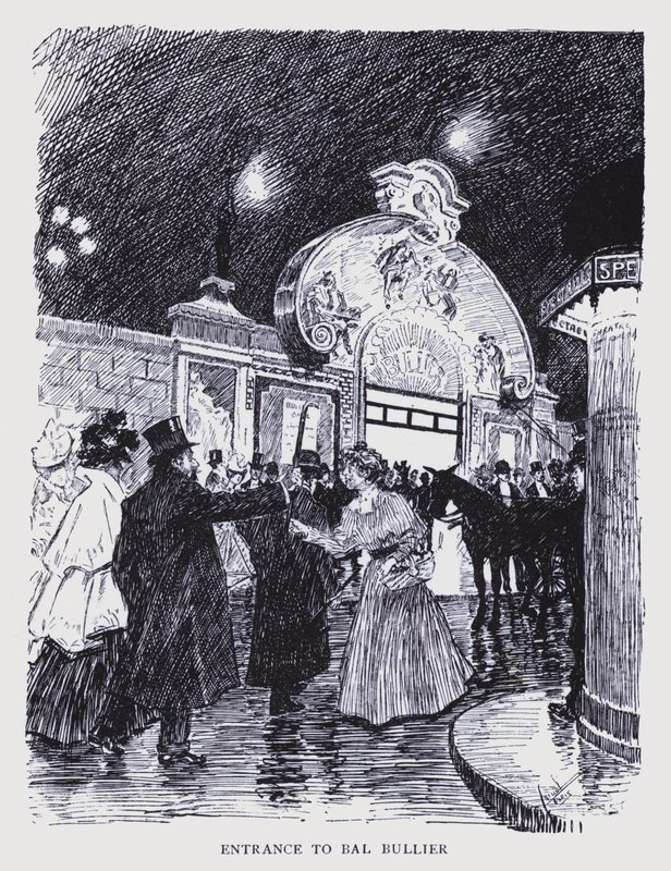 Bohemiska Paris: Entré till Bal Bullier (litografi) av Edouard Alfred (1875 1954) Cucuel