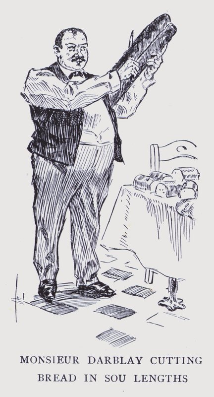 Bohemiska Paris: Monsieur Darblay skär bröd i sou-längder (litografi) av Edouard Alfred (1875 1954) Cucuel