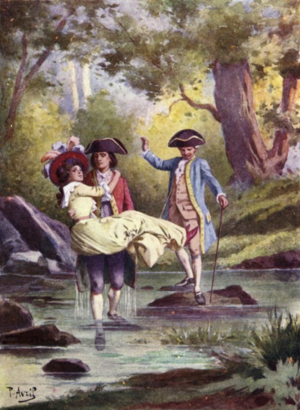 Jag tog Edmee i min famn och vadade tyst genom bäcken. Illustration för Mauprat av George Sand av Edouard Henri Avril