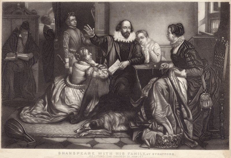 Shakespeare med sin familj i Stratford on Avon, reciterar tragedin om Hamlet av Edouard Jean Conrad Hamman