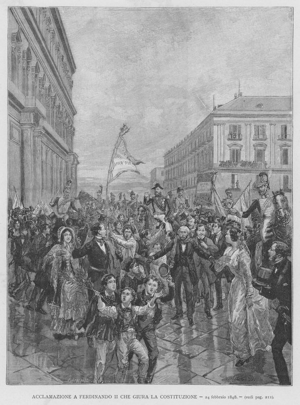 Acklamation till Ferdinand II som svär konstitutionen, 24 februari 1848 (gravyr) av Edouardo Matania