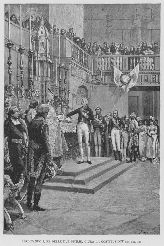 Ferdinand I, kung av de två Sicilierna, svär konstitutionen (gravyr) av Edouardo Matania