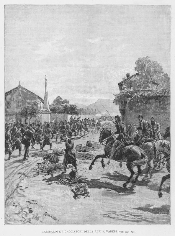Garibaldi och alpernas jägare i Varese (gravyr) av Edouardo Matania