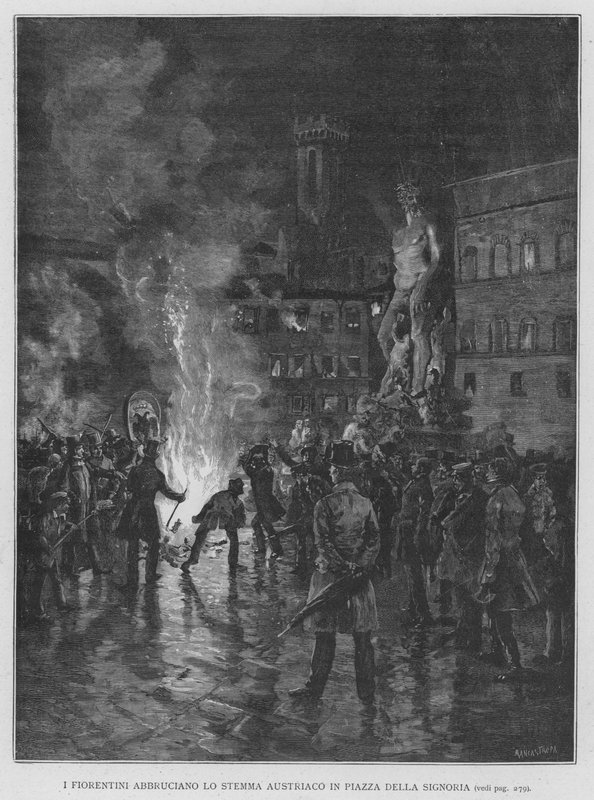 Florentinerna Abbruciano Österrikiska vapenskölden på Piazza Della Signoria (gravyr) av Edouardo Matania
