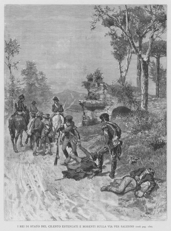 Cilentos utmattade och döende statsförbrytare på väg till Salerno (gravyr) av Edouardo Matania