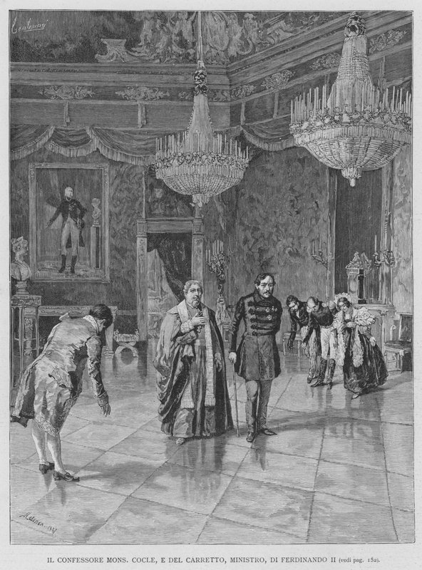 Bekännaren Mons Cocle, E Del Carretto, minister, av Ferdinand II (gravyr) av Edouardo Matania