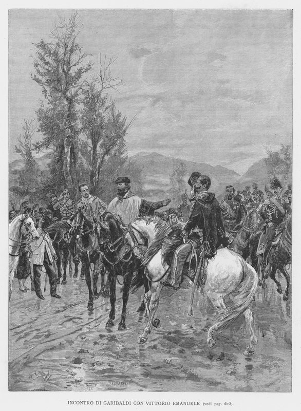 Möte av Garibaldi med Vittorio Emanuele (gravyr) av Edouardo Matania