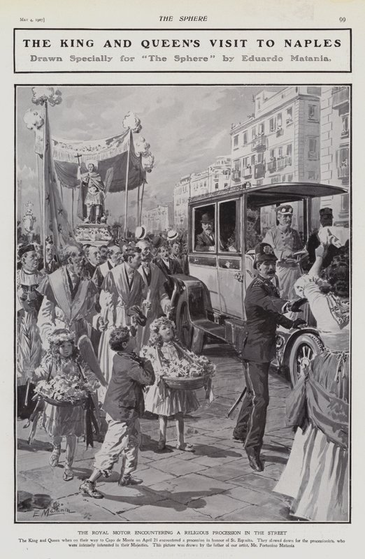 Kung Edward VII och drottning Alexandra möter en religiös procession på en gata under deras besök i Neapel, Italien av Edouardo Matania