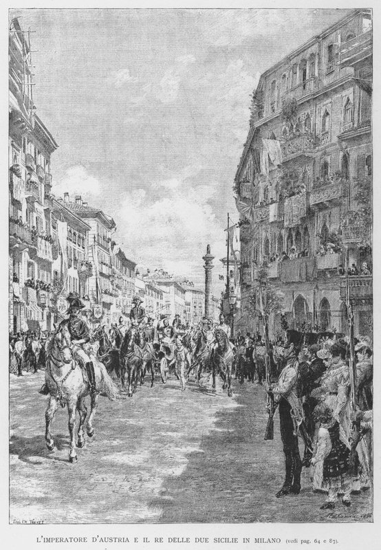 Kejsaren av Österrike och kungen av de två Sicilierna i Milano (gravyr) av Edouardo Matania