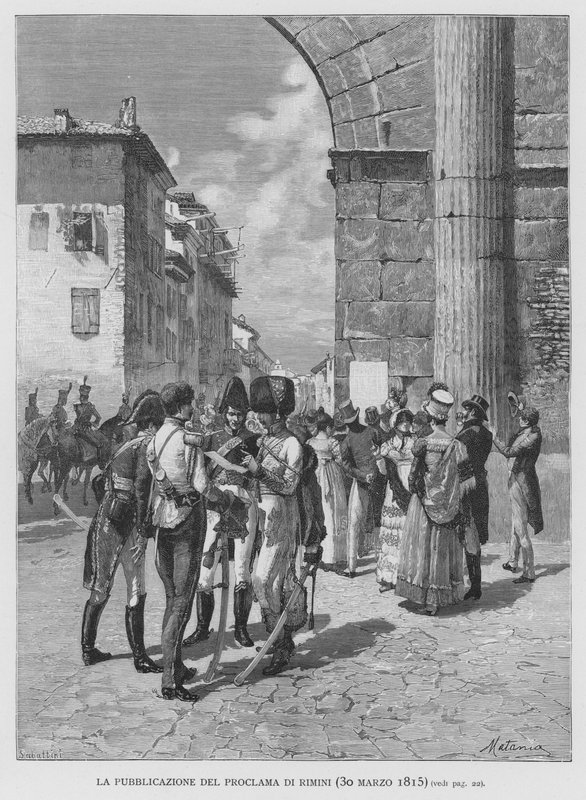 Publiceringen av Riminis kungörelse, 30 mars 1815 (gravyr) av Edouardo Matania