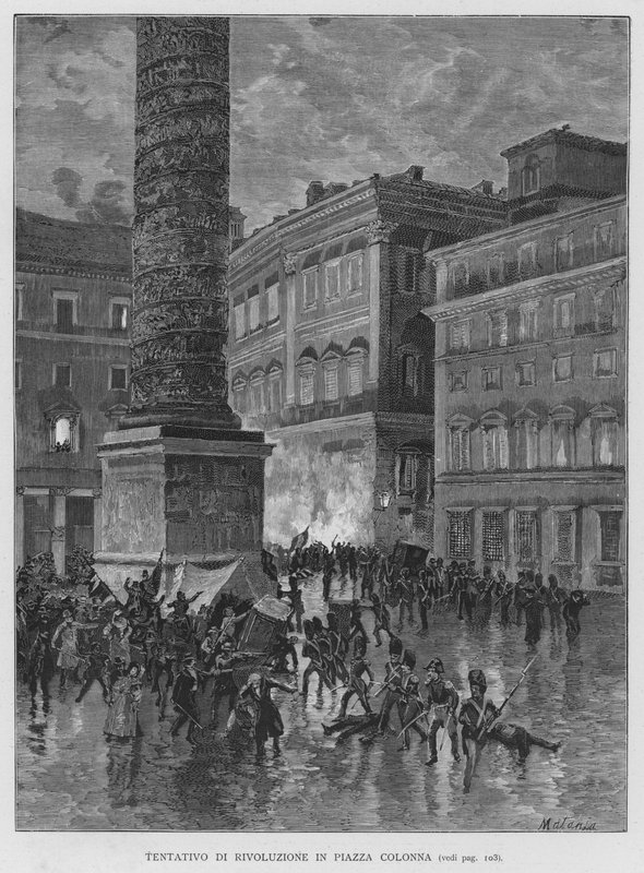 Revolutionsförsök på Piazza Colonna (gravyr) av Edouardo Matania