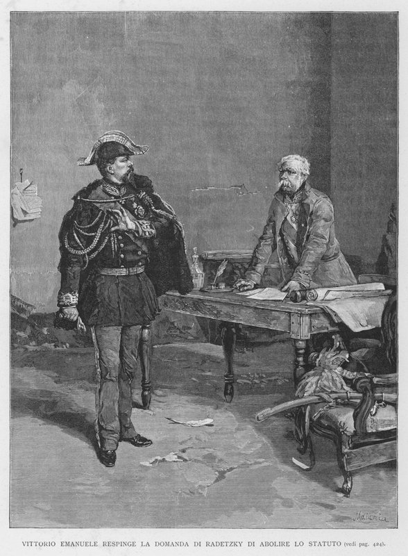 Vittorio Emanuele avvisar Radetzkys begäran om att avskaffa stadgan (gravyr) av Edouardo Matania