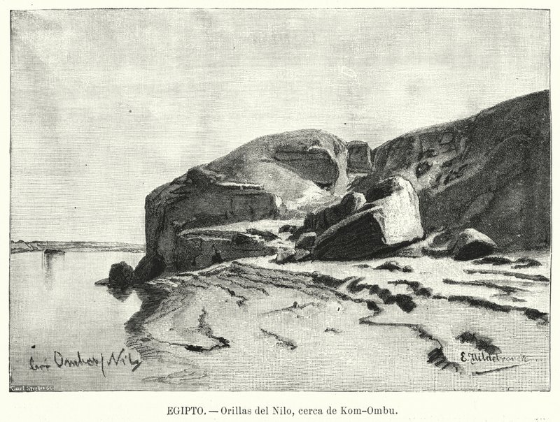 Nilens stränder nära Kom Ombo, Egypten (litho) av Eduard (after) Hildebrandt