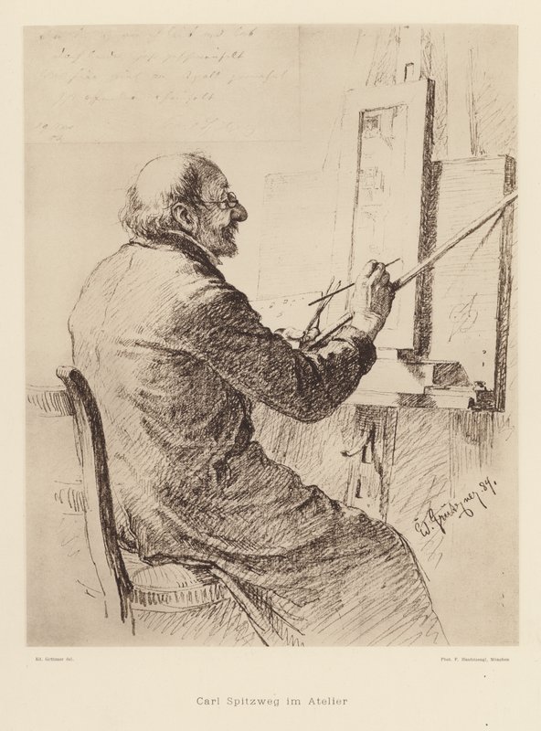 Porträtt av Carl Spitzweg, tysk romantisk målare (litografi) av Eduard von (after) Grutzner