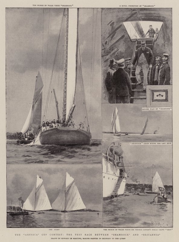 America Cup-tävlingen, testloppet mellan Shamrock och Britannia av Eduardo de Martino