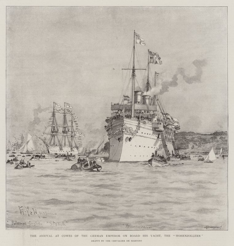 Den tyska kejsarens ankomst till Cowes ombord på hans yacht, Hohenzollern av Eduardo de Martino
