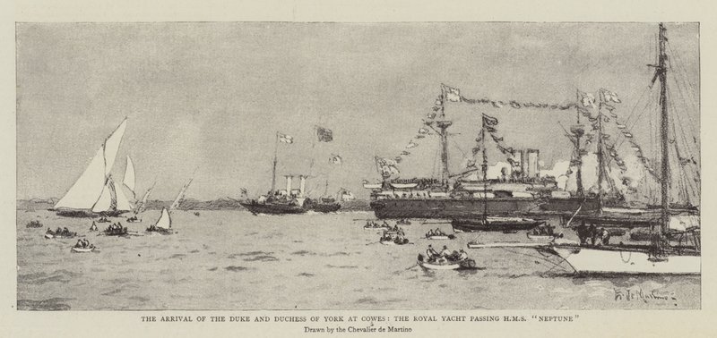 Hertigen och hertiginnan av Yorks ankomst till Cowes, den kungliga båten passerar HMS Neptune av Eduardo de Martino
