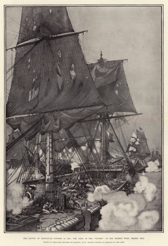 Slaget vid Trafalgar, 21 oktober 1805, segerns däck i det ögonblick då Nelson föll av Eduardo de Martino