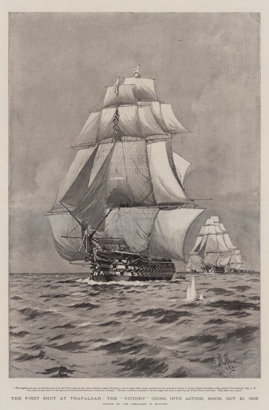 Första skottet vid Trafalgar, Victory går i aktion, kl. 12.00 den 21 oktober 1805 av Eduardo de Martino