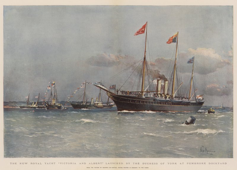 The New Royal Yacht Victoria and Albert, sjösatt av hertiginnan av York på Pembroke Dockyard (chromolitho) av Eduardo de Martino