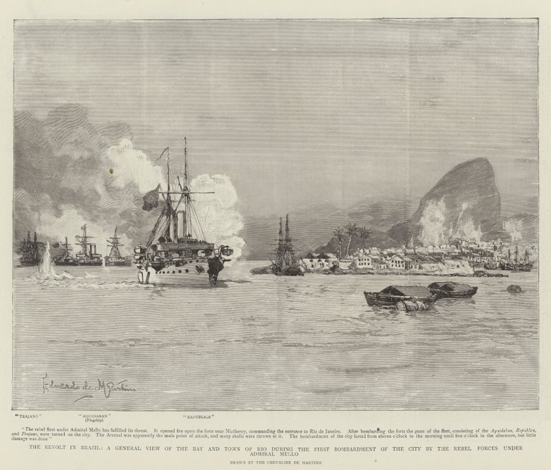 Revolten i Brasilien, en allmän bild av bukten och staden Rio under det första bombardementet av staden av rebellstyrkorna under amiral Mello av Eduardo de Martino