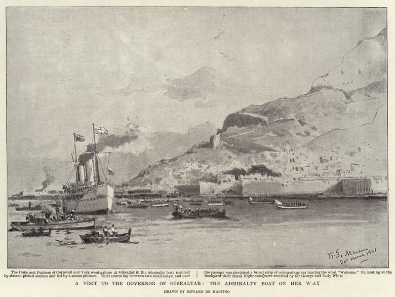Ett besök hos guvernören i Gibraltar, amiralitetsbåten på väg (litho) av Eduardo de Martino