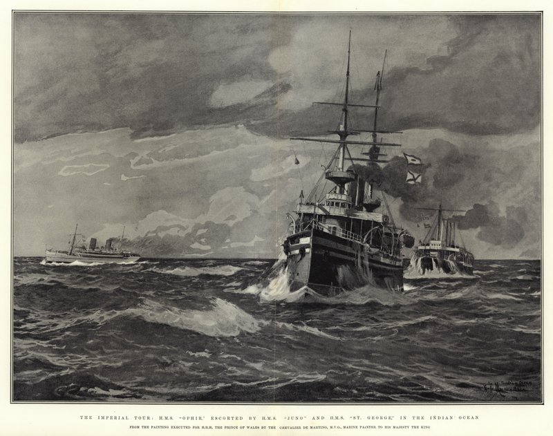Imperial Tour, H M S Ophir, eskorterad av H M S Juno och H M S St George, i Indiska oceanen. av Eduardo de Martino