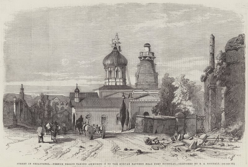 Gata i Sebastopol, franska trupper som tar ammunition till mortelbatteriet nära Fort Nicholas av Edward Angelo Goodall