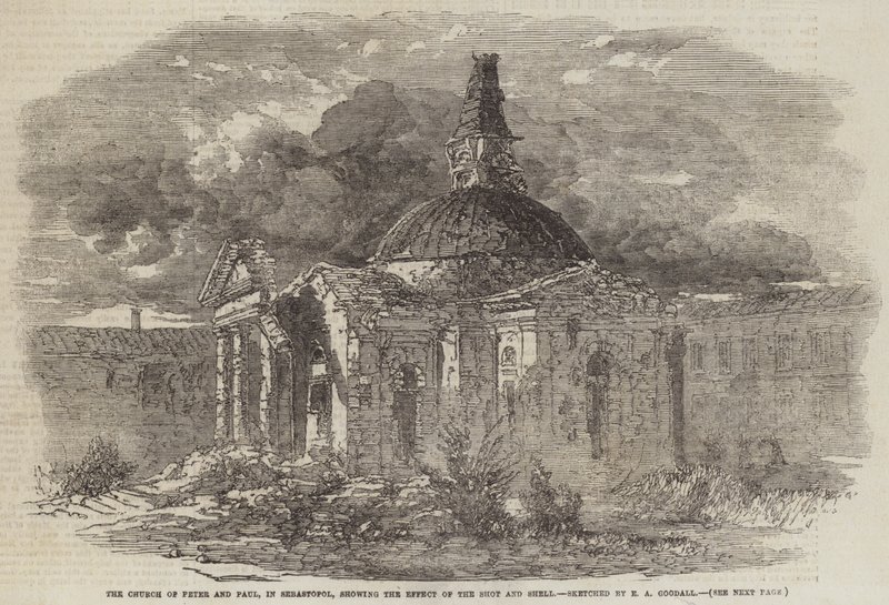 Peter och Pauls kyrka i Sebastopol, som visar effekten av skott och granater. av Edward Angelo Goodall