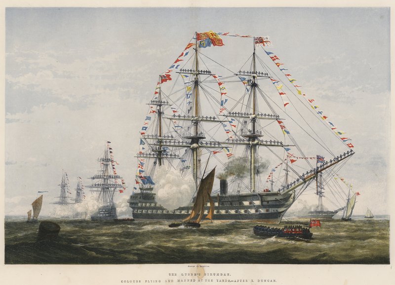 Drottningens födelsedag, färger flygande och bemannade på gården (chromolitho) av Edward Duncan