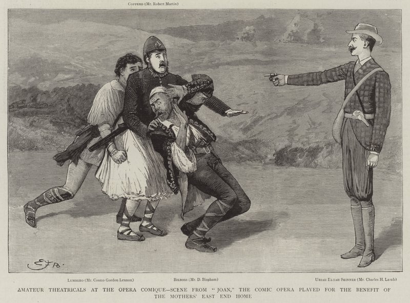 Amatörteater på Opera Comique, Scen från Joan, Comic Opera spelade till förmån för mödrarnas East End Home av Edward Frederick Brewtnall