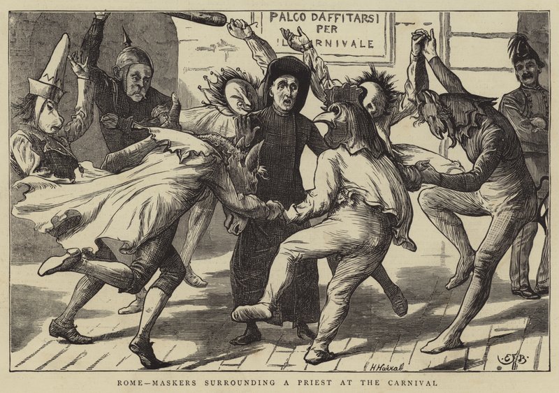 Rom, maskeringar som omger en präst vid karnevalen av Edward Frederick Brewtnall