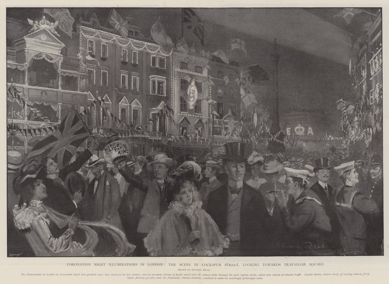 Coronation Night Illuminations i London, scenen på Cockspur Street, med utsikt mot Trafalgar Square av Edward Read