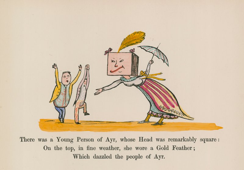 Det fanns en ung person från Ayr, vars huvud var anmärkningsvärt fyrkantigt (färgad gravyr) av Edward (after) Lear