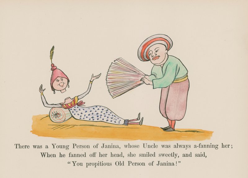 Det fanns en ung person som hette Janina, vars farbror alltid var ute och fläktade henne (färggravyr) av Edward (after) Lear