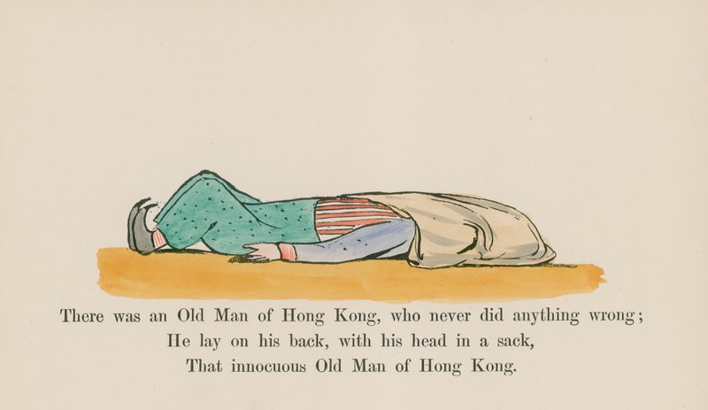 Det fanns en gammal man i Hong Kong som aldrig gjorde något fel (färggravyr) av Edward (after) Lear