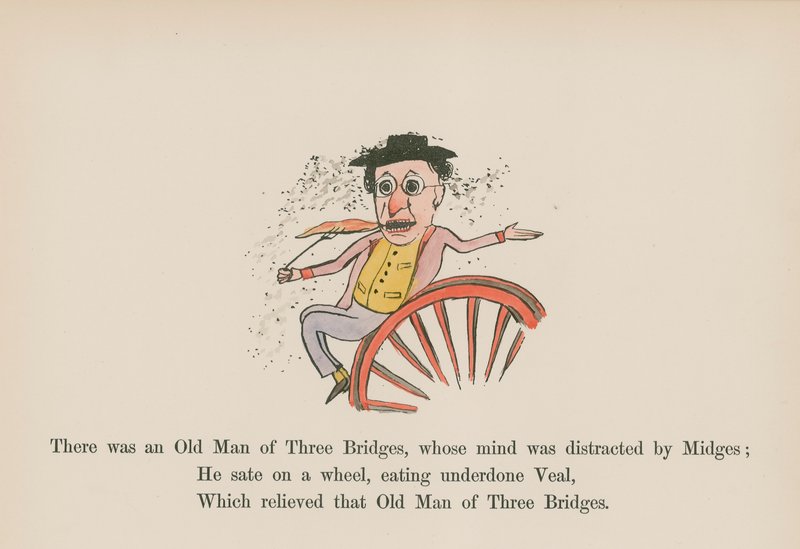 Det fanns en gammal man i Three Bridges, vars tankar distraherades av myggor (färggravyr) av Edward (after) Lear