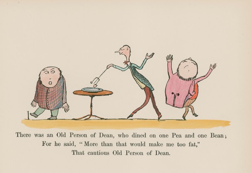 Det fanns en gammal person av Dean, som åt på en ärta och en böna (färgad gravyr) av Edward (after) Lear