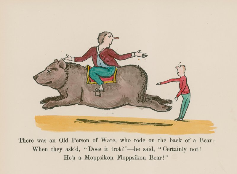 Det fanns en gammal person från Ware som red på ryggen av en björn (färgad gravyr) av Edward (after) Lear