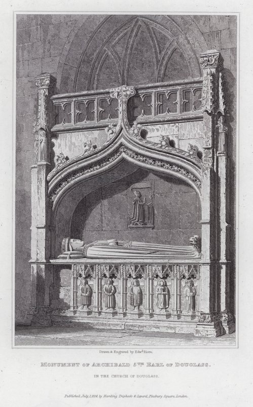 Monument över Archibald 5th Earl of Douglass, i Church of Douglass (gravyr) av Edward Blore
